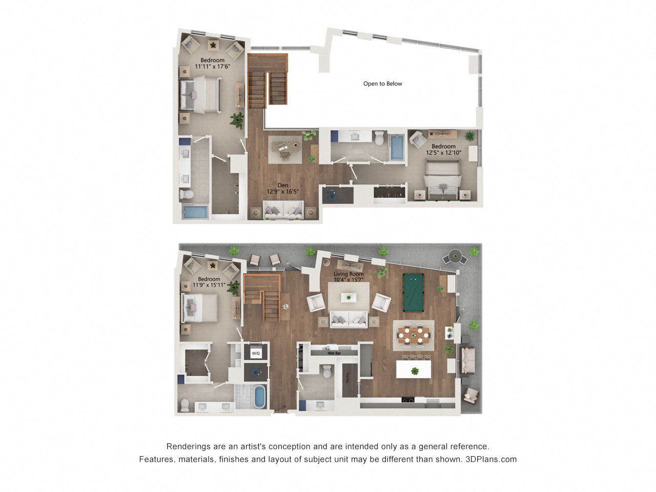 Floor plan for 3 beds, 3 baths